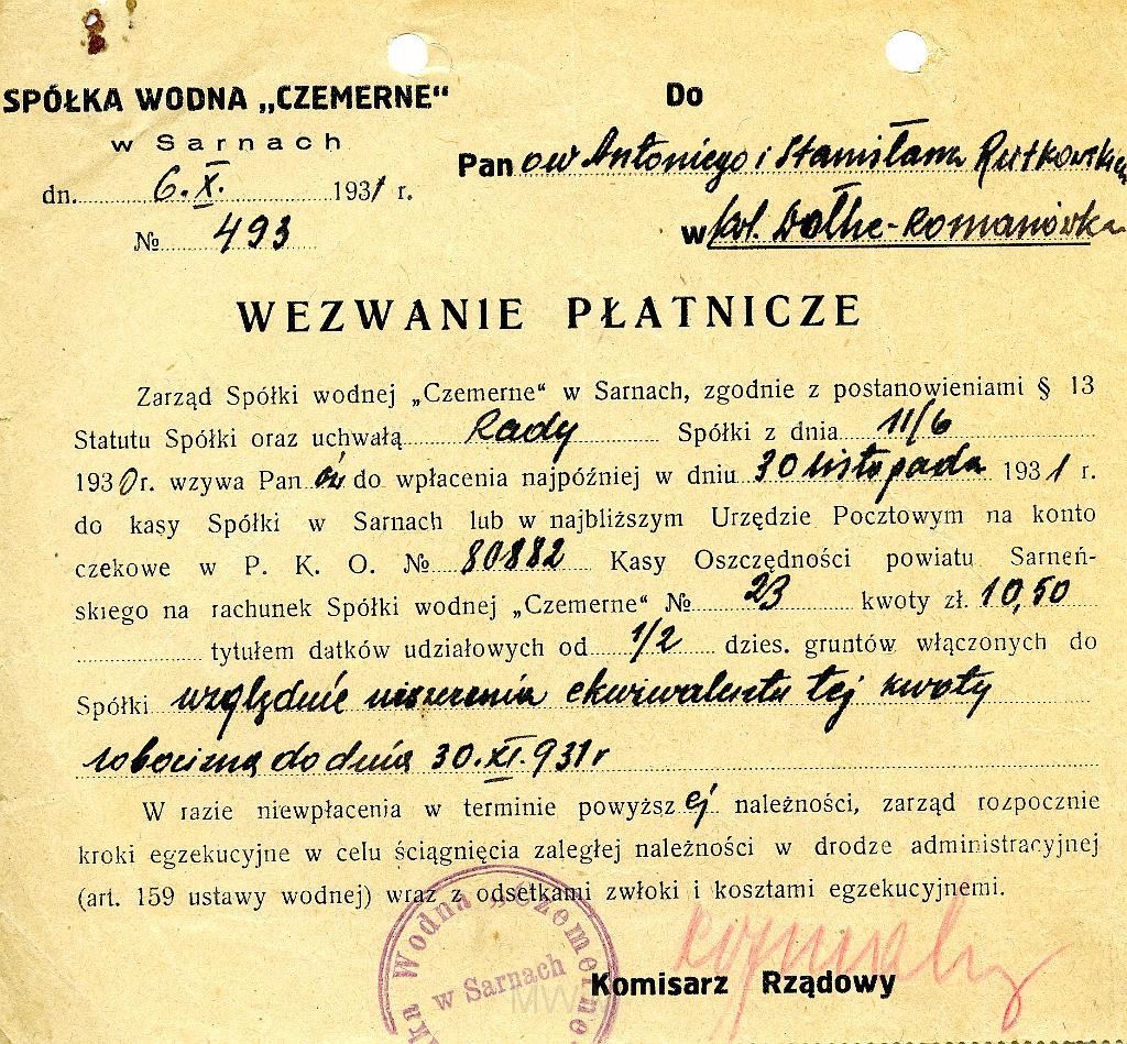 KKE 3530.jpg - Dokument. Antoni i Stanisław Rutkowscy wezwaniw płatnicze, Sarny, 1931 r.